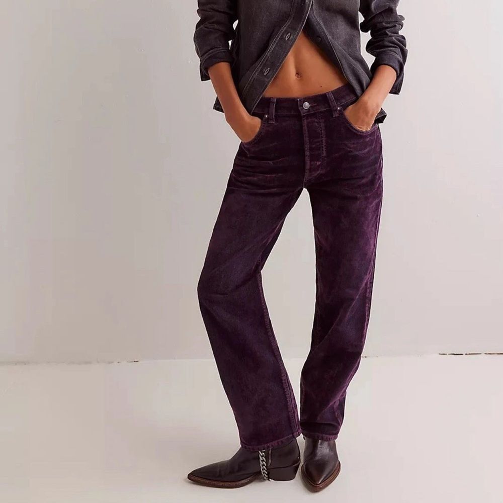 Free People We the Free First Class Low Rise Relaxed Straight Flocked Jeans